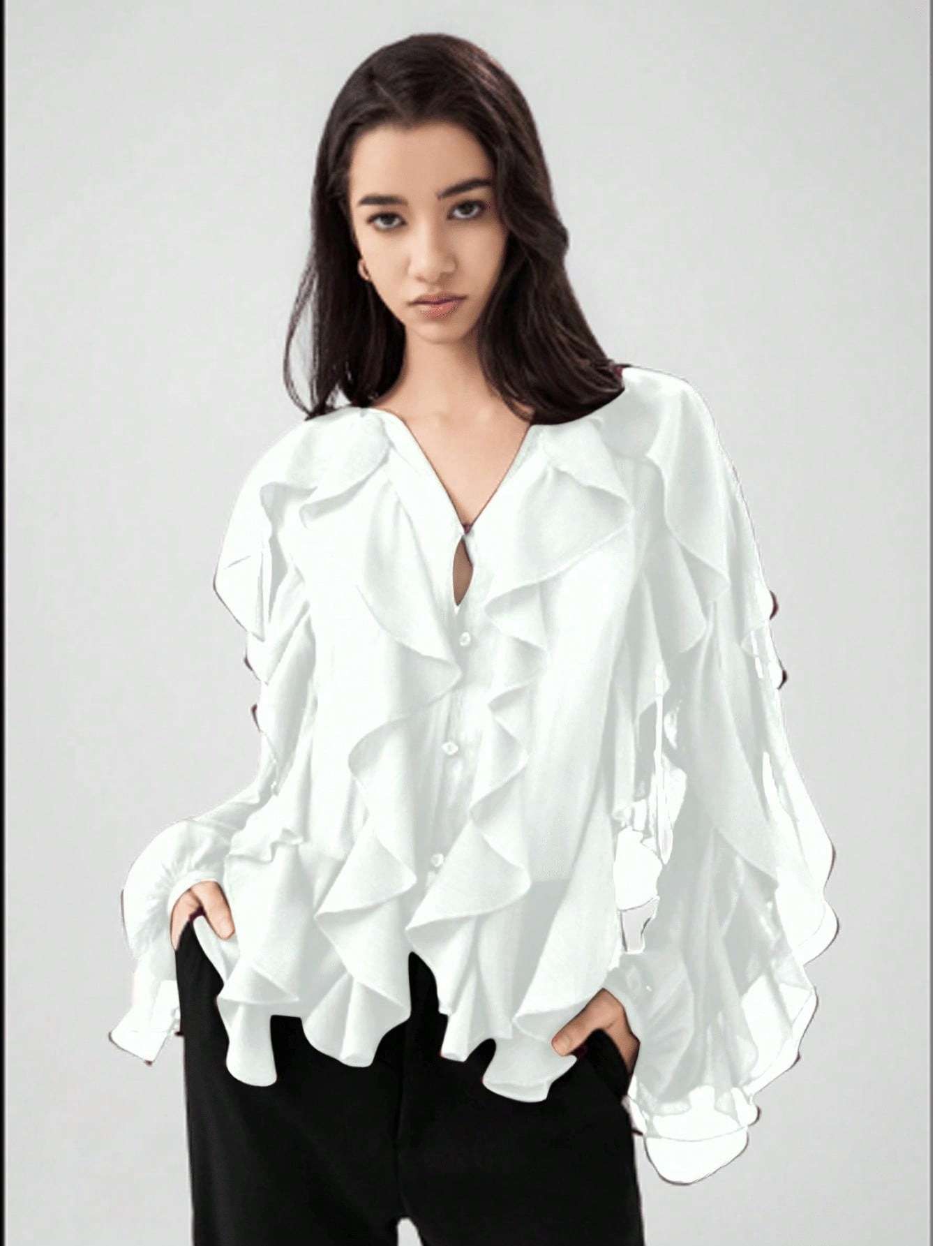 Elegant Ruffled Sheer Blouse - S, White image