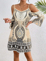 Bohemian Patterned Cold-Shoulder Dress - L, Black image