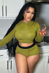 2 Piece Long Sleeve Crop Tops & Shorts - M, Olive Green image