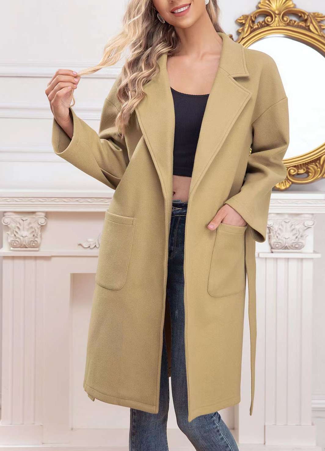 Oversized Coat with Pockets - L, Beige image