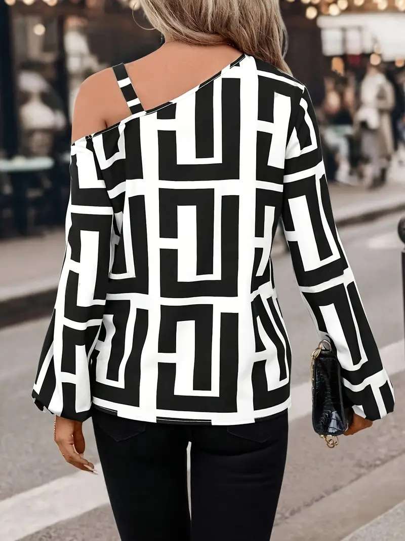 Off Shoulder Geometric Print Lon sleeve Top image 7