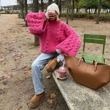 Oversized Cable Knit Sweater Pullover - S, Red image