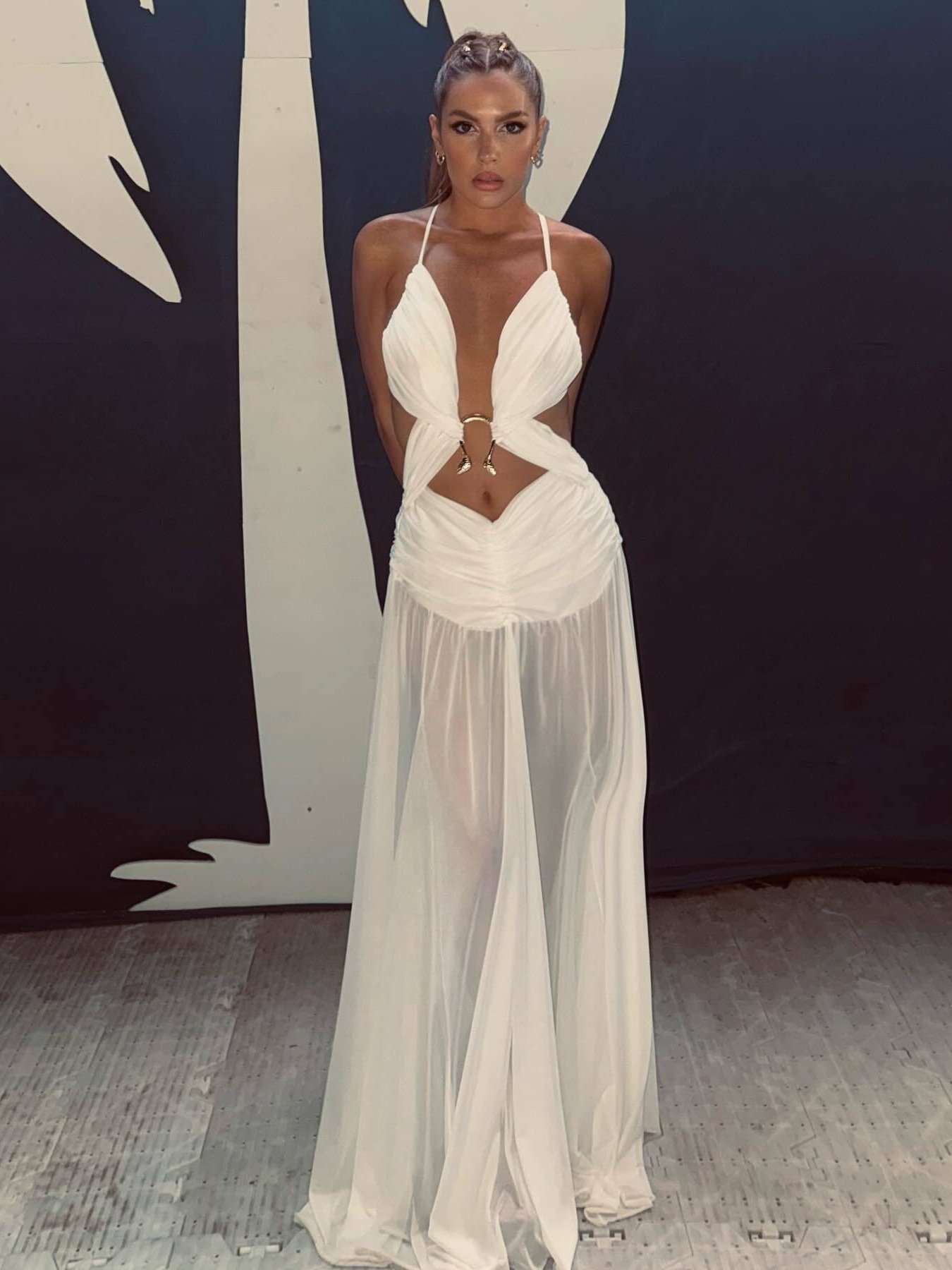 Cut-Out Maxi Dress with Gold Accent - L, White image