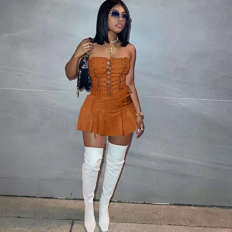 Strapless Lace-Up Corset Mini Dress - S, Brown image