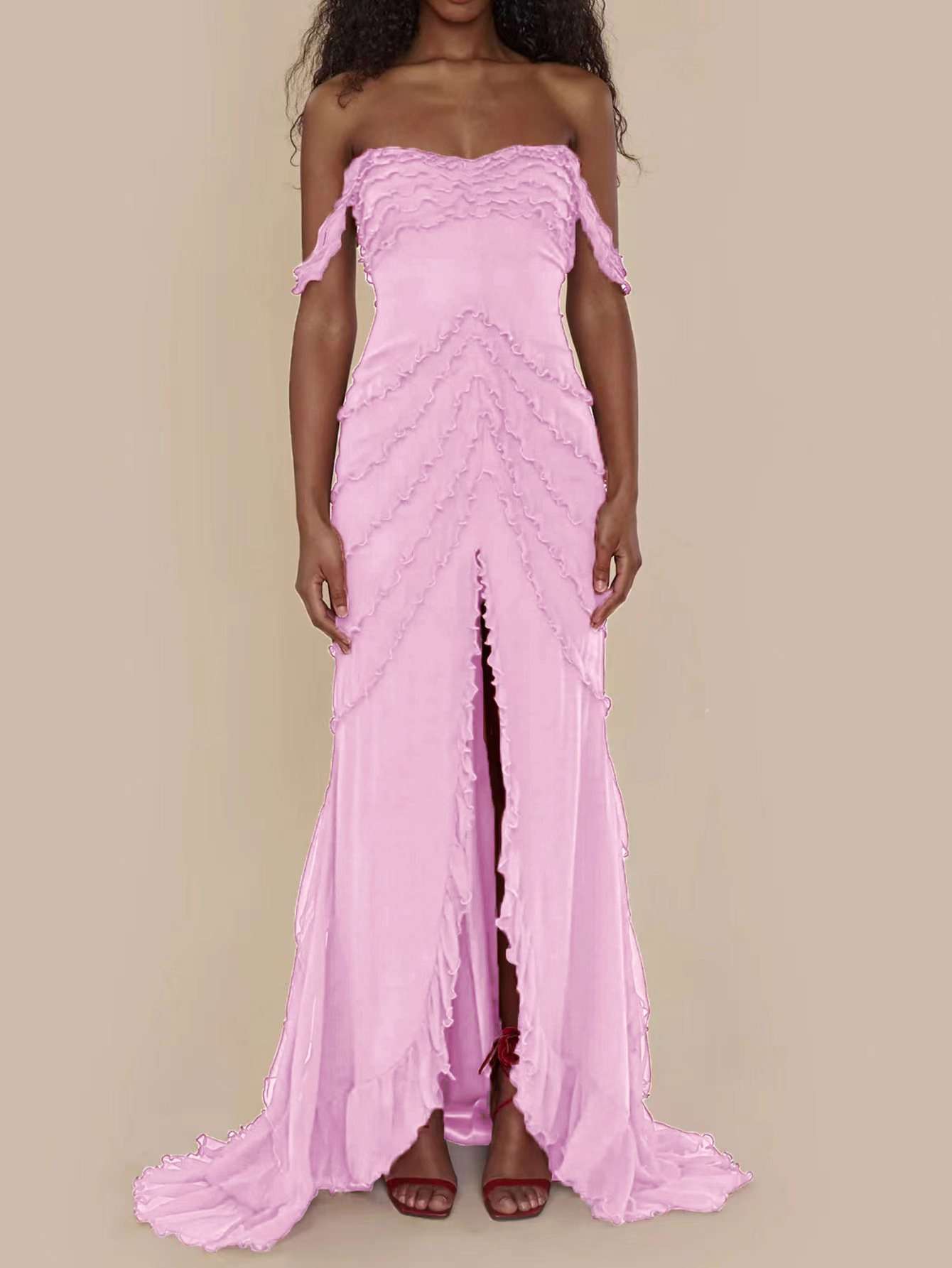 Off-Shoulder Pink Ruffled Gown - M, Pink image