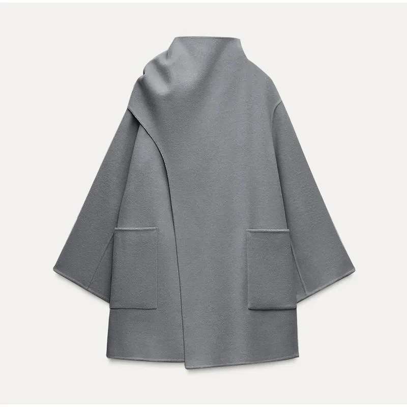 Scarf Collar Solid Midi Coat - L, Grey image