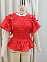 Red Smocked Puff-Sleeve Blouse image 3