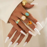 Vintage-Inspired Chunky Gemstone Ring Set - Free Size, Gold image