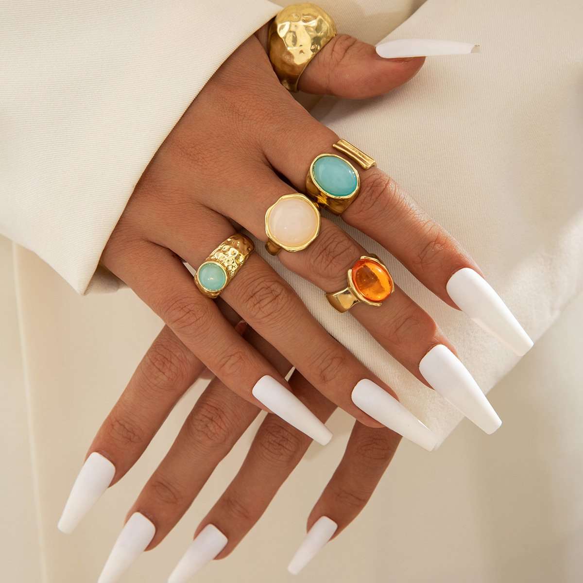 Vintage-Inspired Chunky Gemstone Ring Set - Free Size, Gold image