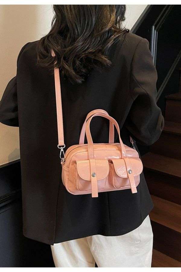 Faux Leather Shoulder Handbag with Front Pockets image 0