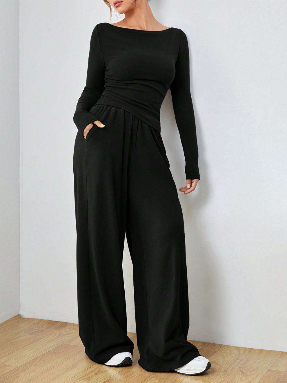 Casual Long-Sleeved T-Shirt Wide-Leg Pants Set - XL, Black image