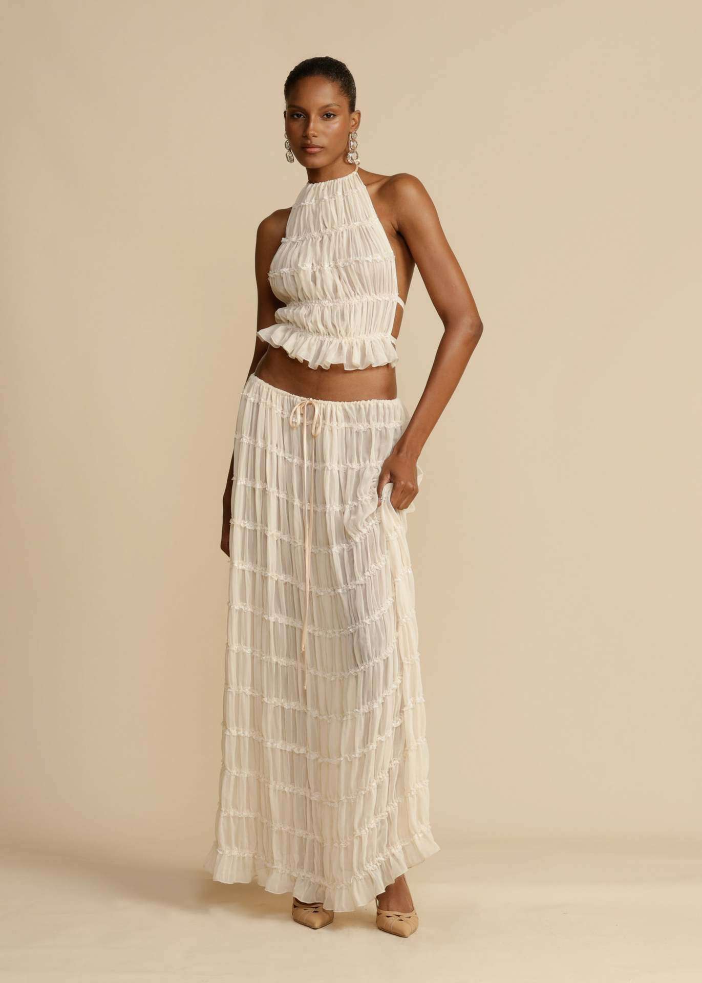 Ruffled Maxi Skirt and Crop Top Set - S, Light Beige image