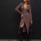 Ribbed-knit Wrap Midi Dress - M, Coffee Brown image