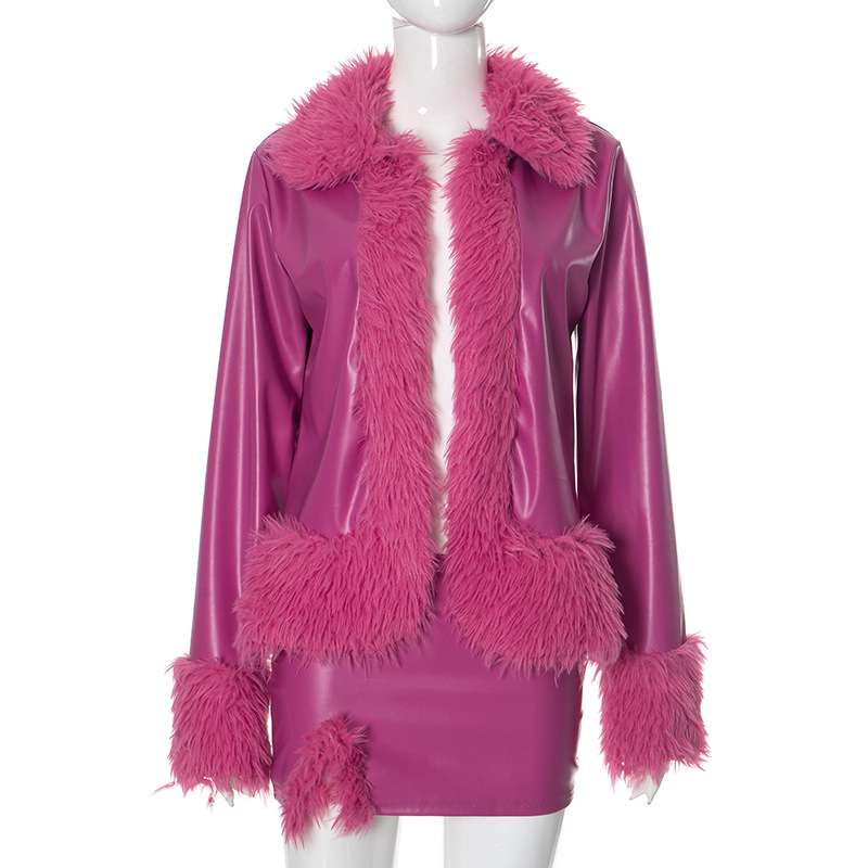 Fluff Lapel Coats Split Hem Skirt Set image 1