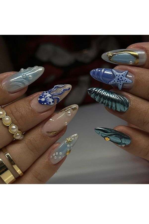 Ocean-Inspired 3D Press-On Nail Art Set image 0