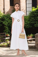 Sleeveless Maxi Dress with Belt Accent - M, White image