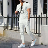 Stylish Men's Casual Laced Front T-Shirt & Pants Set - S, White image