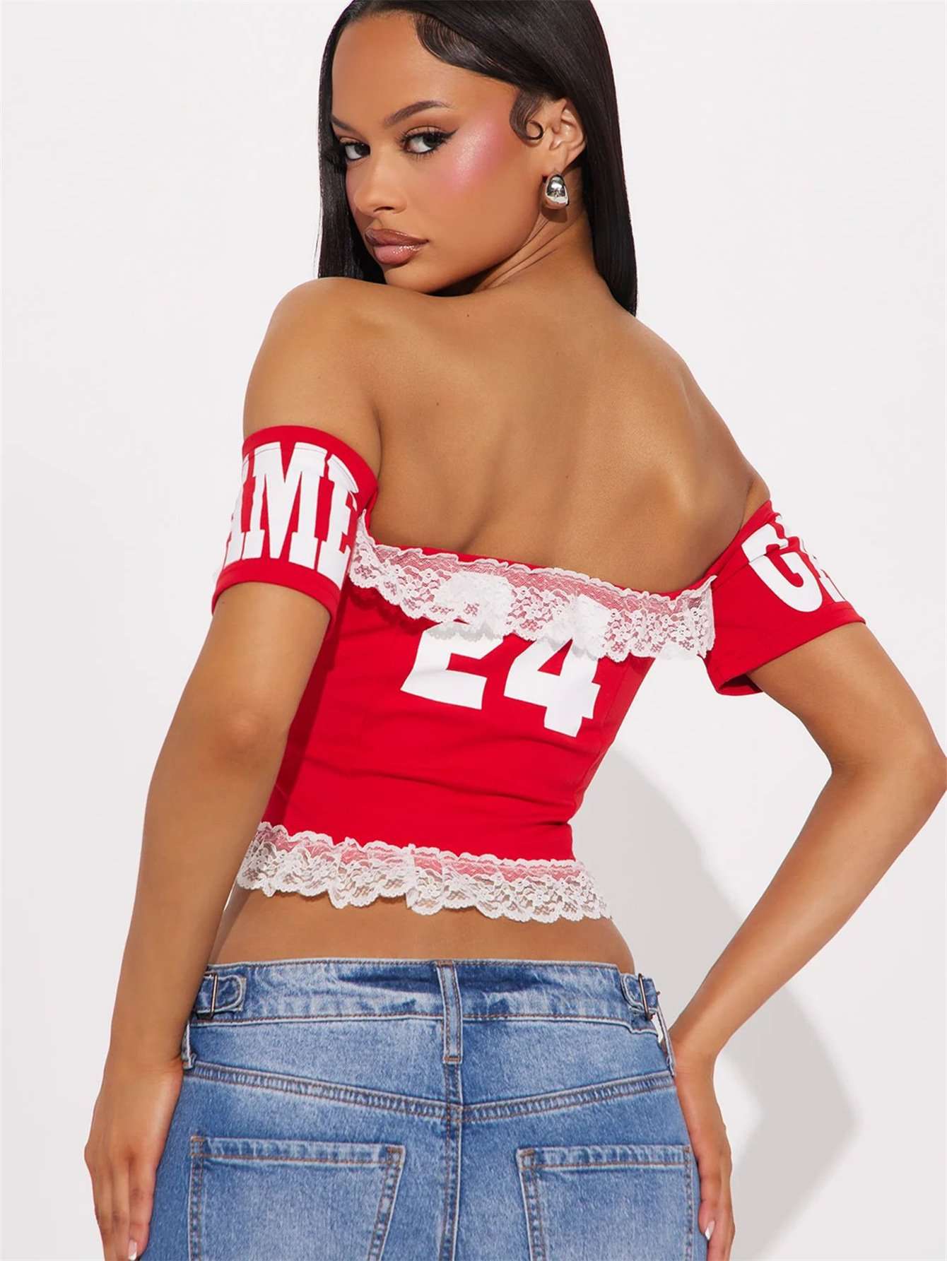 Lace-Up Off-Shoulder Varsity Crop Top image 2