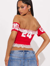 Lace-Up Off-Shoulder Varsity Crop Top image 2