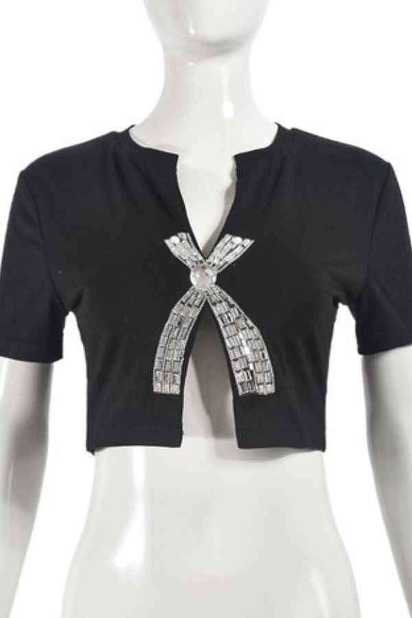 Split Cut Front Rhinestone Decor Short Sleeve Crop Top image 4