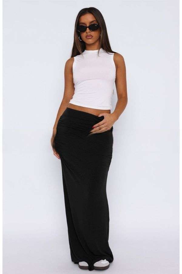 Low waist pleated straight long skirt - S, Black image