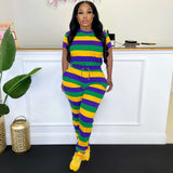 Short Sleeve Casual 2 Piece Striped Sets - M, Multi Yellow image