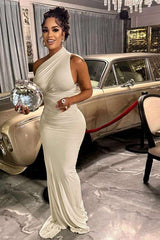 Luxe One-Shoulder Gown with Elegant Draping - L, Light Beige image