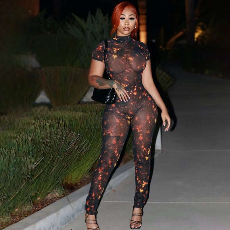Print Mesh Bodycon  Jumpsuit - L, Black image