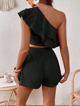 One-Shoulder Ruffled Crop Top & Shorts Set image 1