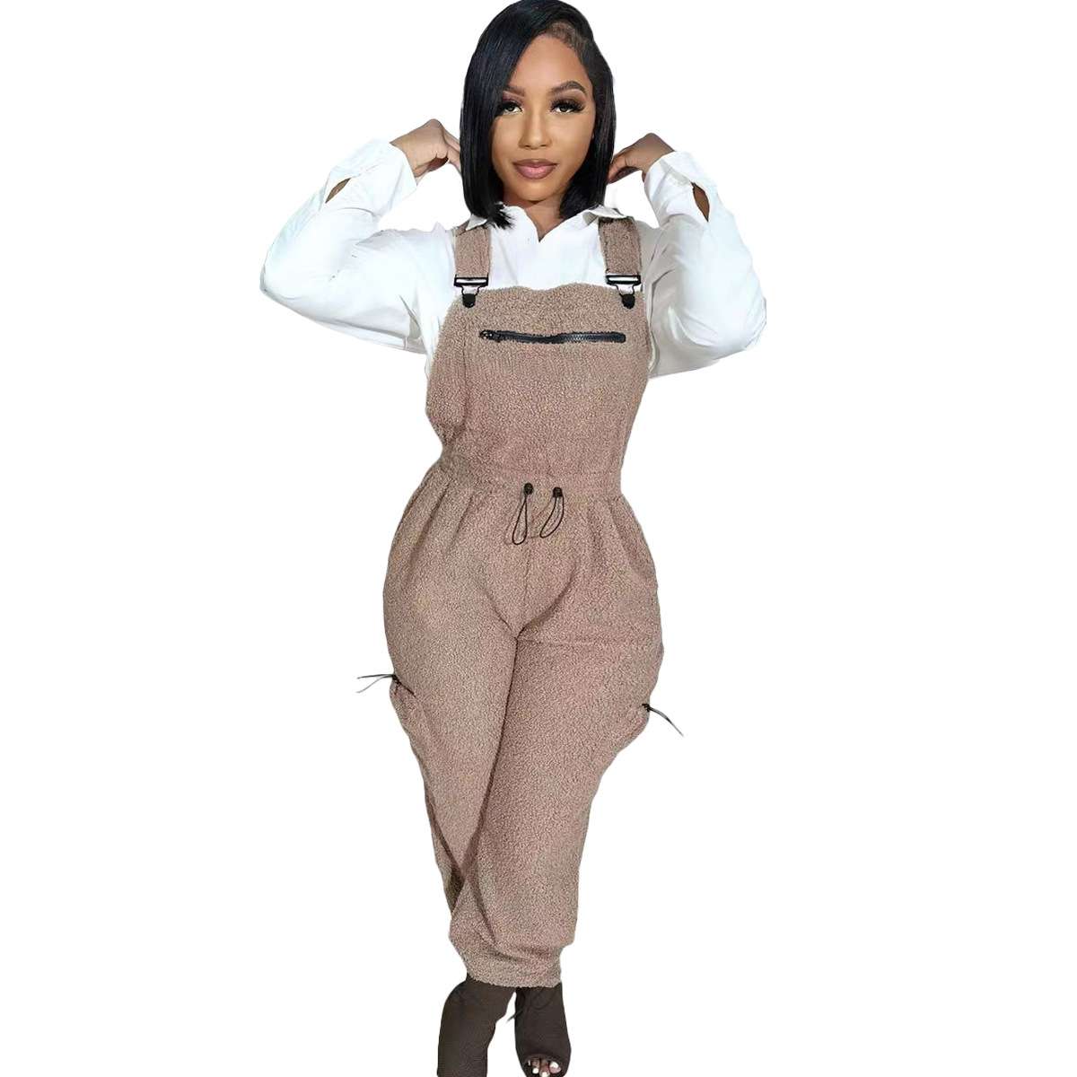 Loose Fit Jumpsuits with Pockets Bib Pants - M, Beige image
