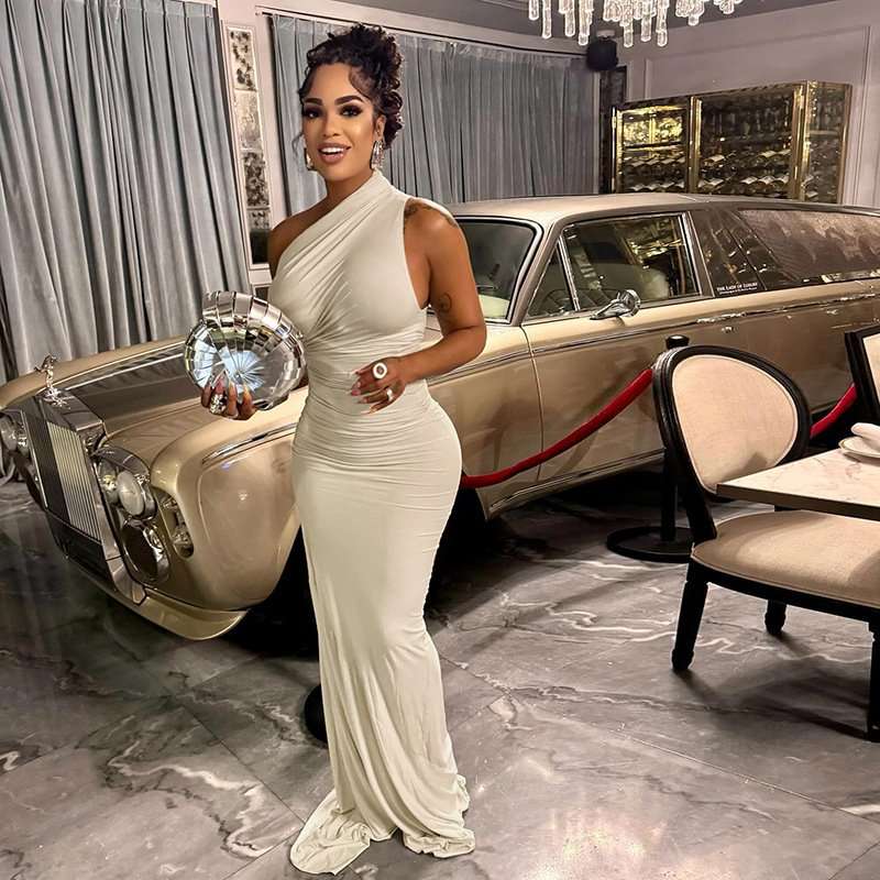 Luxe One-Shoulder Gown with Elegant Draping image 1