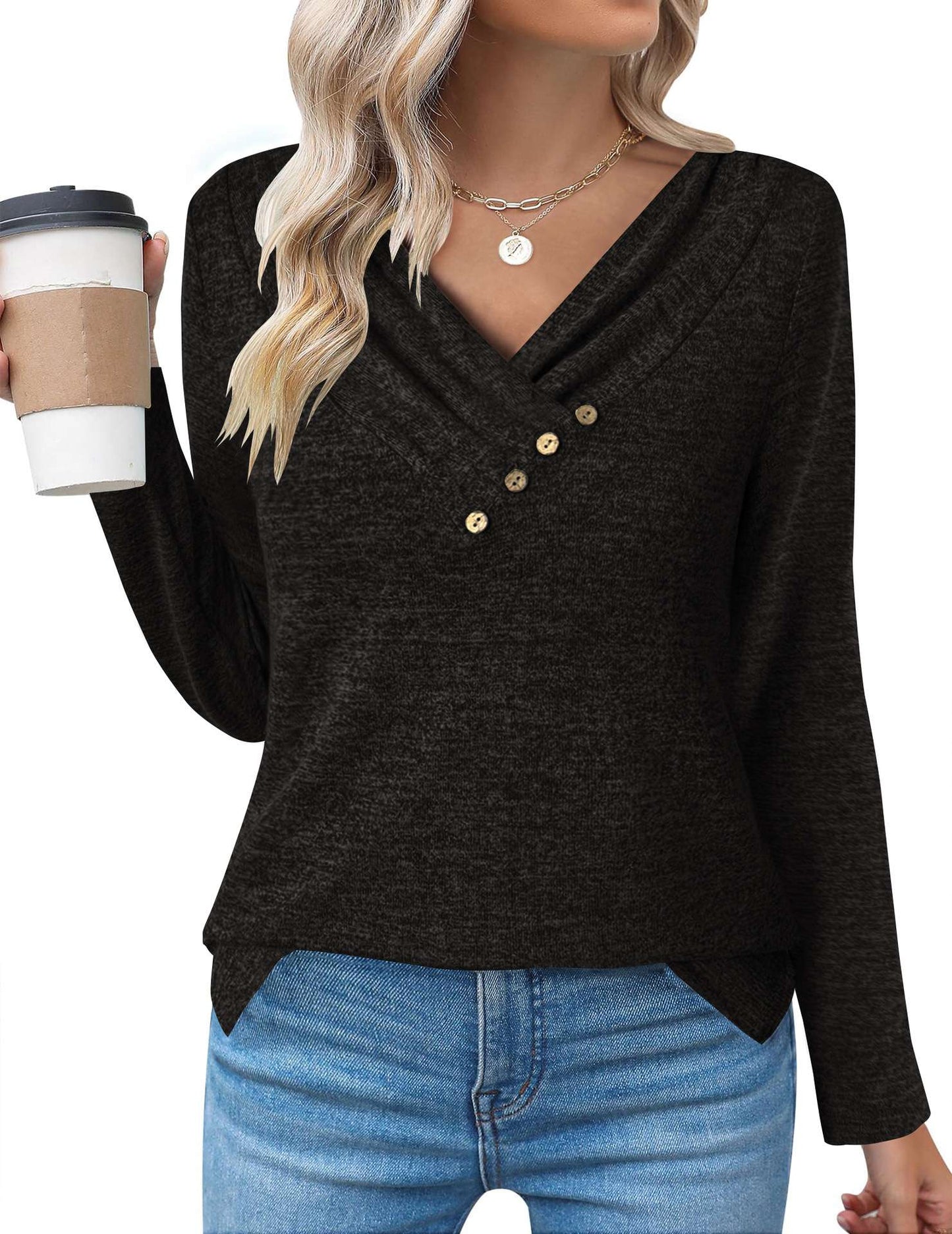 Stylish Asymmetrical Button-Detail Top - L, Black image