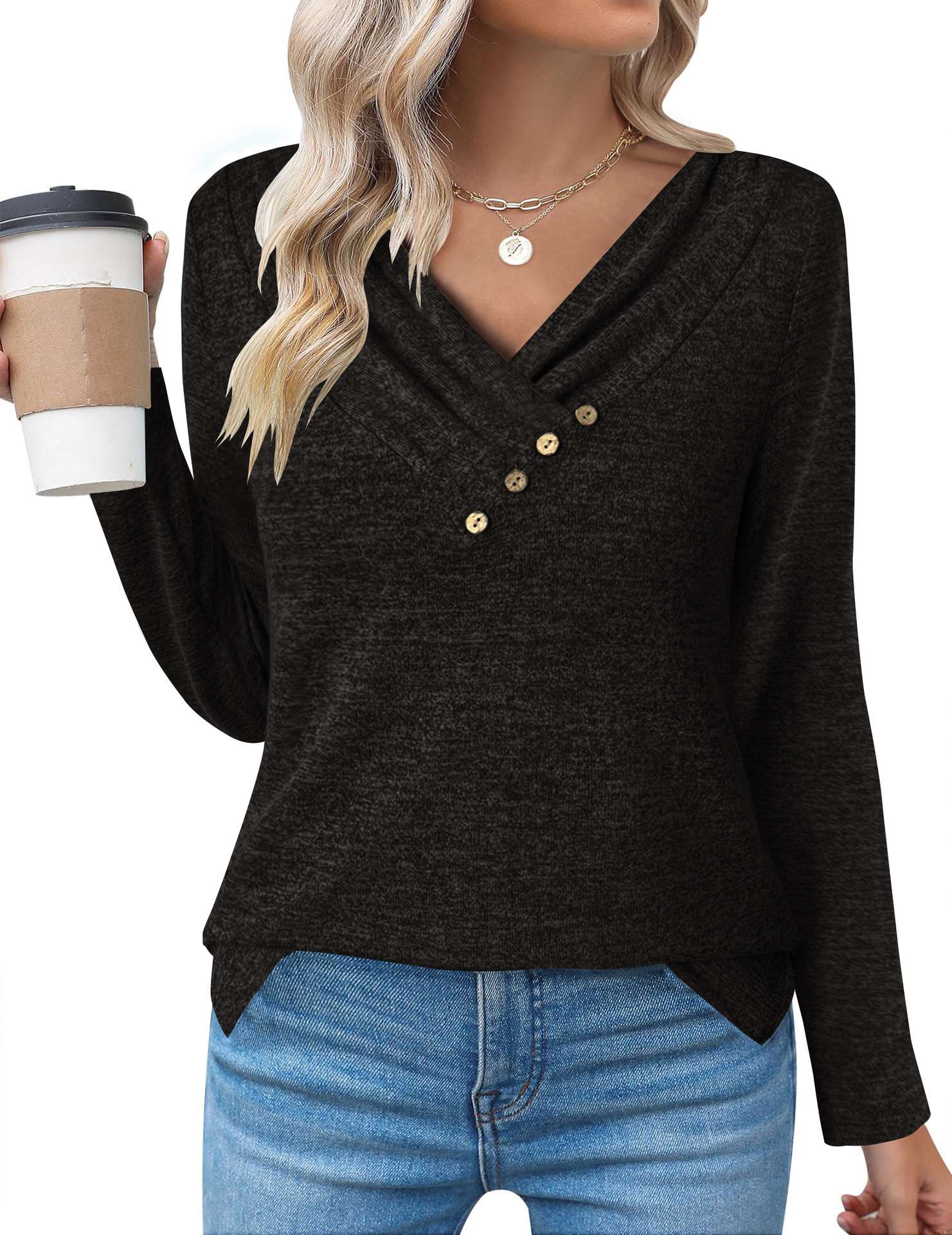 Stylish Asymmetrical Button-Detail Top - L, Black image