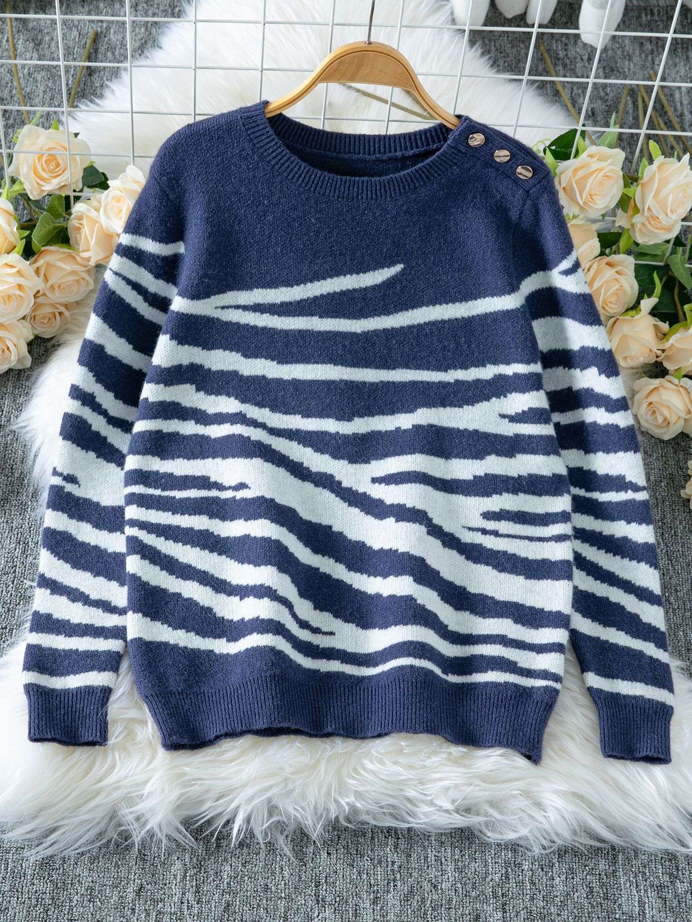 Striped Knit Sweater with Shoulder Buttons - M, Blue image