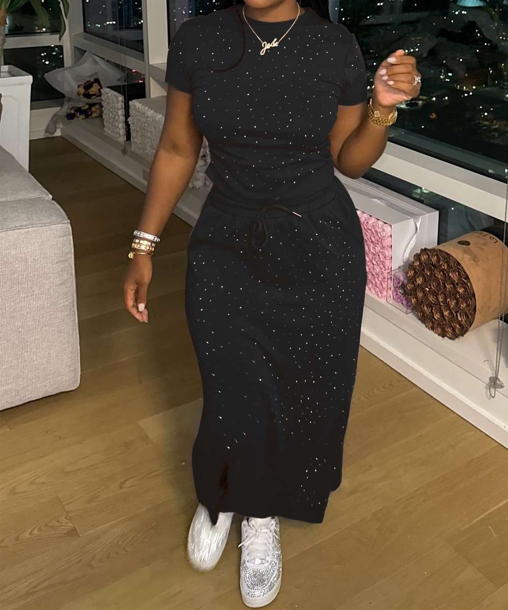 Dot-Print Lounge Set with Drawstring Pants - M, Black image