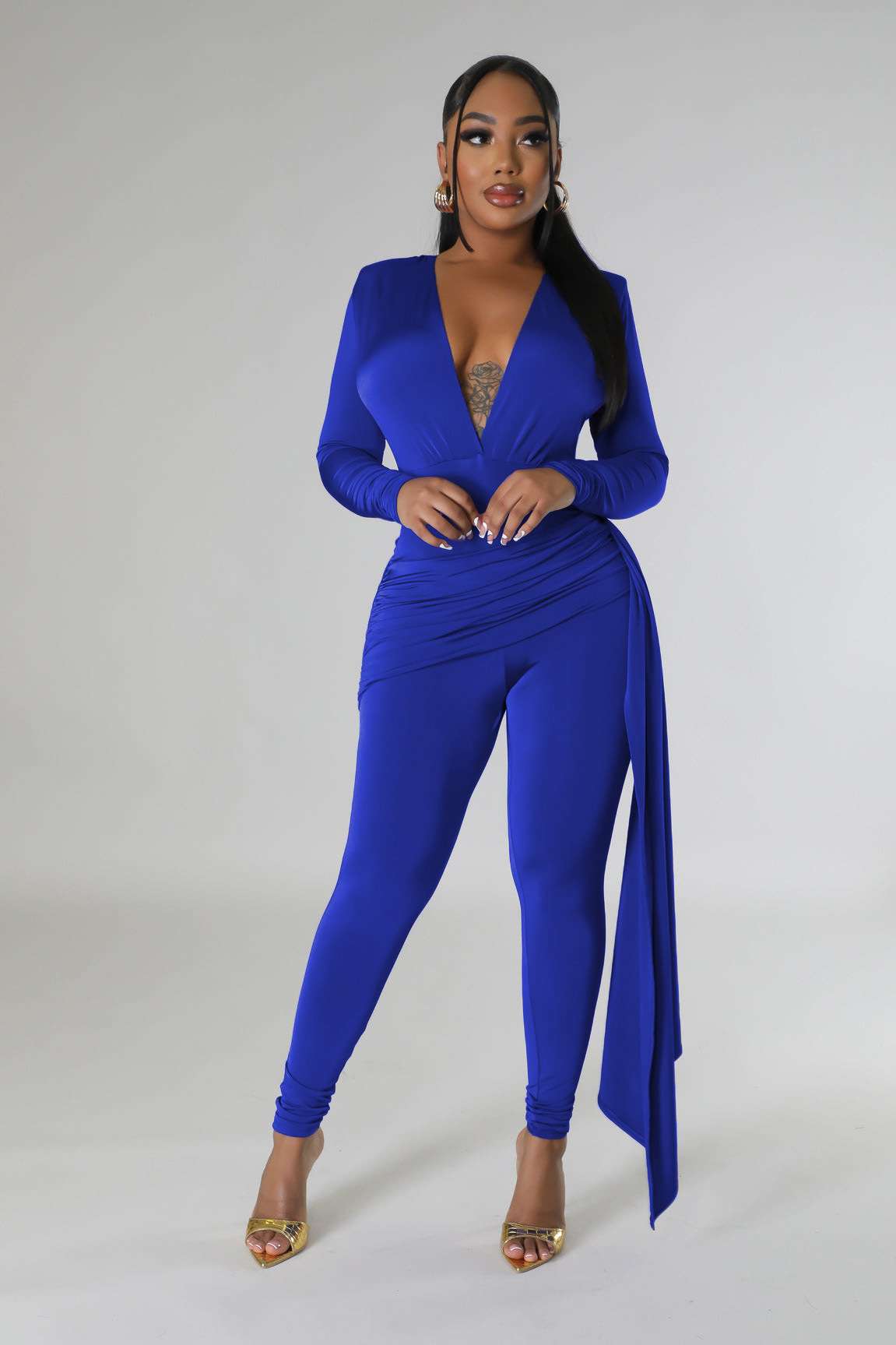 Deep V neck Jumpsuit - S, Blue image