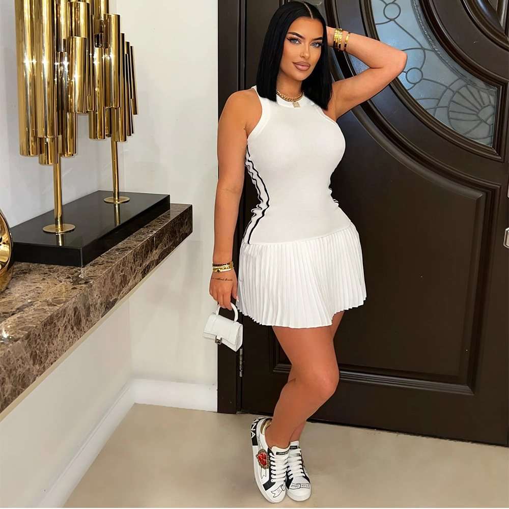 Pleated Mini Dress with Side Detailing - M, White image