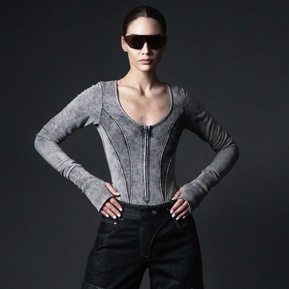 Futuristic Grey Zip-Up Bodysuit Top - S, Grey image