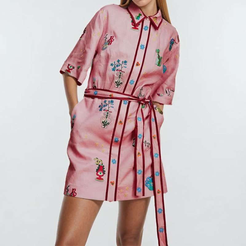 Button-Down Shirt Dress with Waist Tie - M, Ballerina Pink image