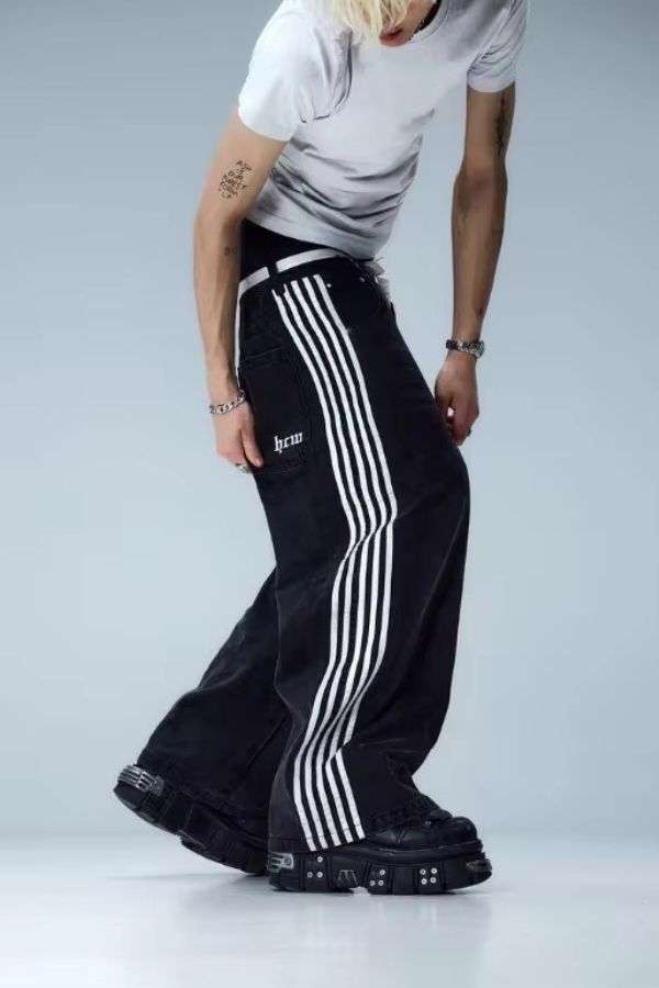 Korean Casual Stripped Straight Leg Pants - S, Black image