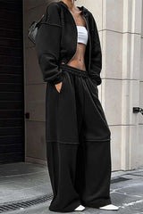 Loose Crop Sweatshirt & Wide Jogger Set - L, Black image