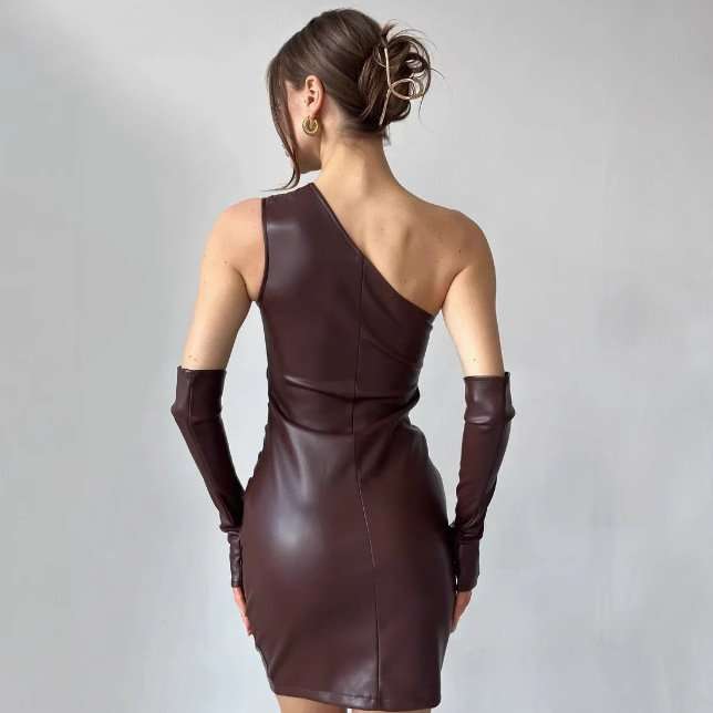 One-Shoulder Faux Leather Mini Dress with Gloves image 2