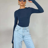 Solid Slim Fit Round Neck Crop Top - L, Dark Blue image