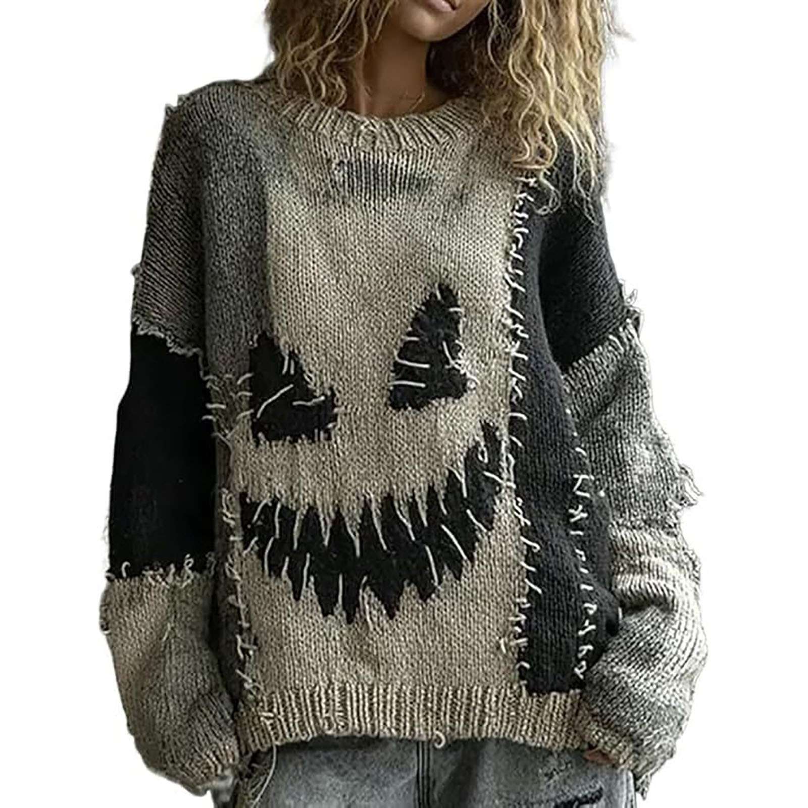 Cozy Sweater with Striped Sleeves - S, Grey 2 image