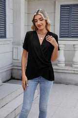 Elegant Draped Short-Sleeve Top - XL, Black image