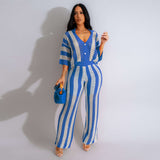 Monochrome Stripes Crochet Top and Pants Set - S, Blue image
