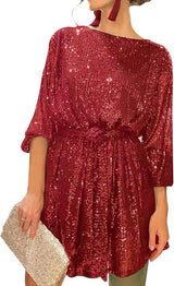 Sequins Glitter Mini Dress Cocktail Club Party - L, Maroon Brown image