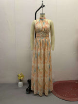 Elegant Floral Maxi Dress with Halter Neck - Beige, S image