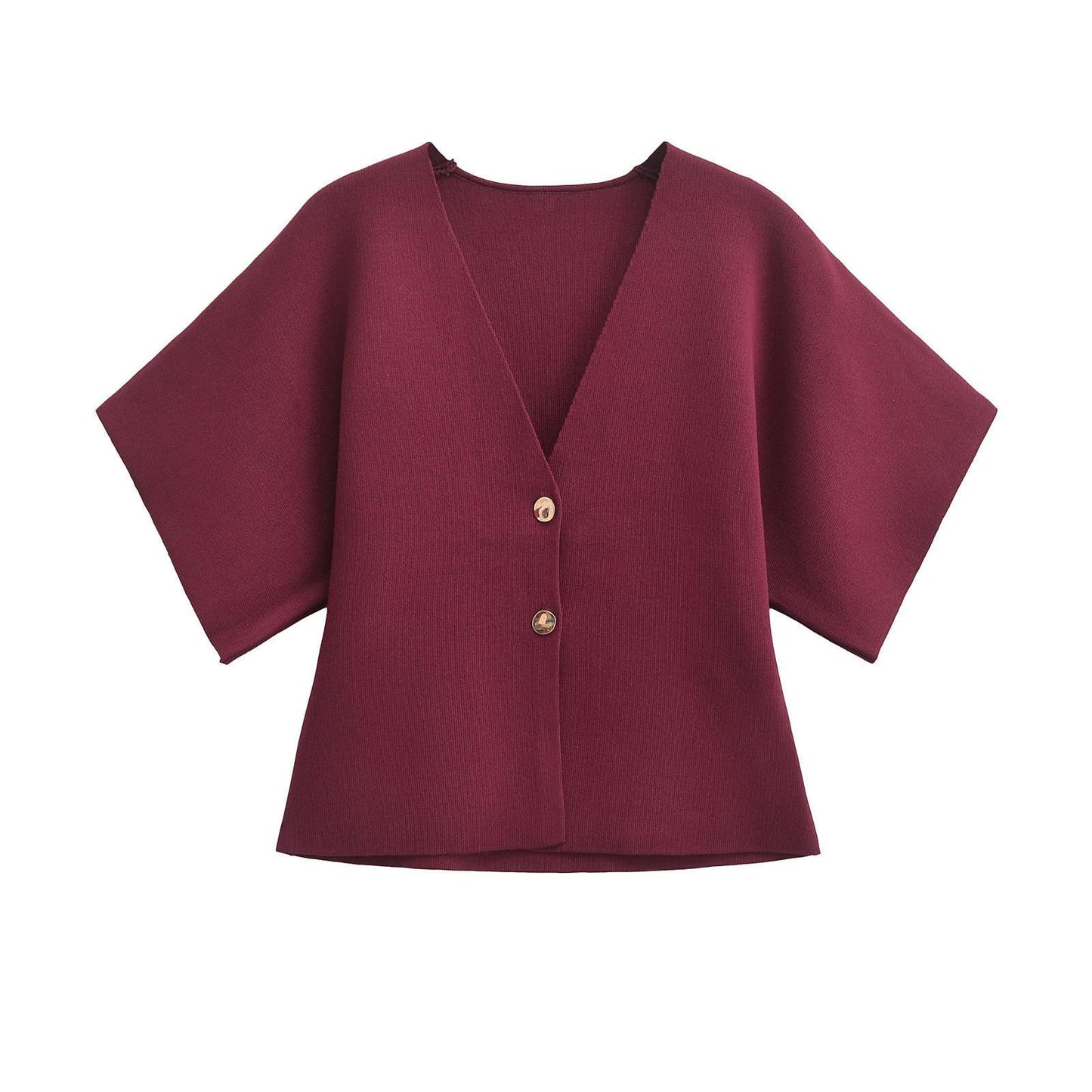 Short-Sleeve Buttoned Cardigan - S, Wine Red image