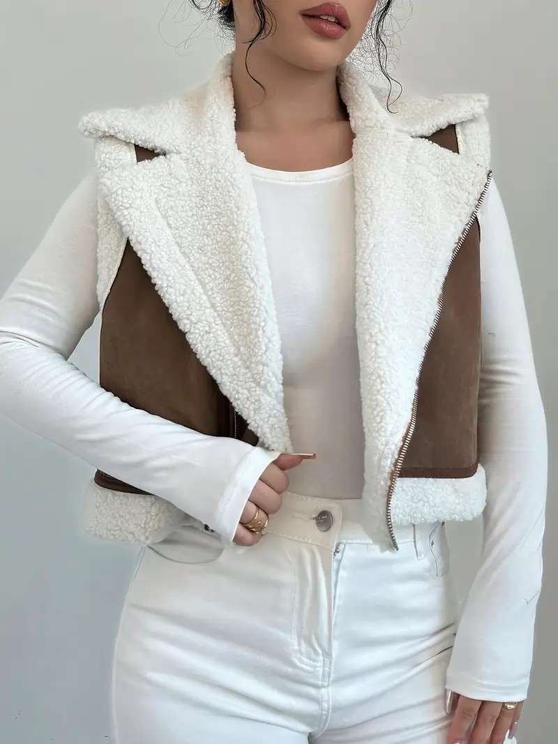 Faux Shearling Vest with Zipper image 1